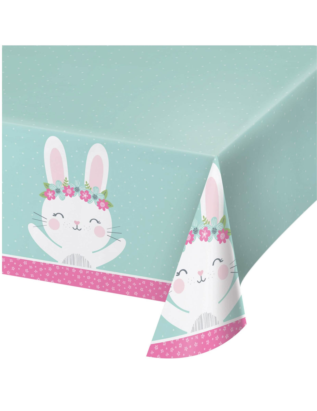 Nappe en plastique petit lapin pour anniversaire menthe avec fleurs roses