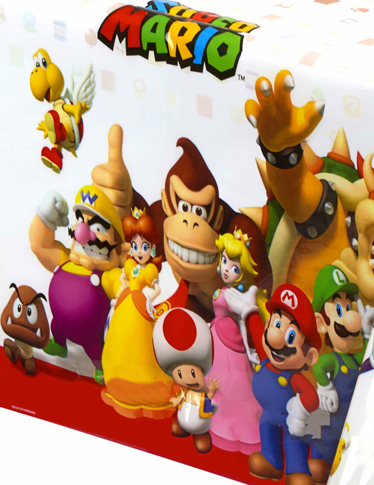 Primer plano de los personajes del mantel de plástico de Super Mario