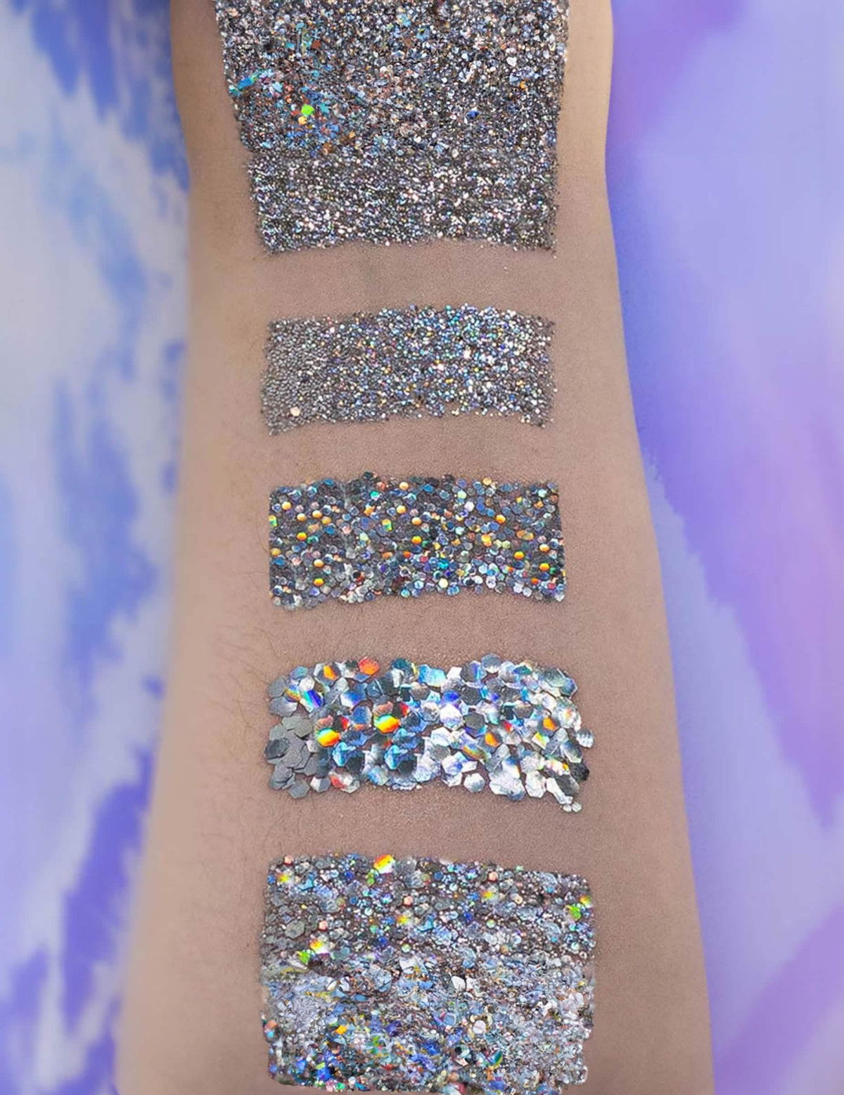 Rendu sur la peau des différentes tailles des paillettes biodégradables Y'Holo
