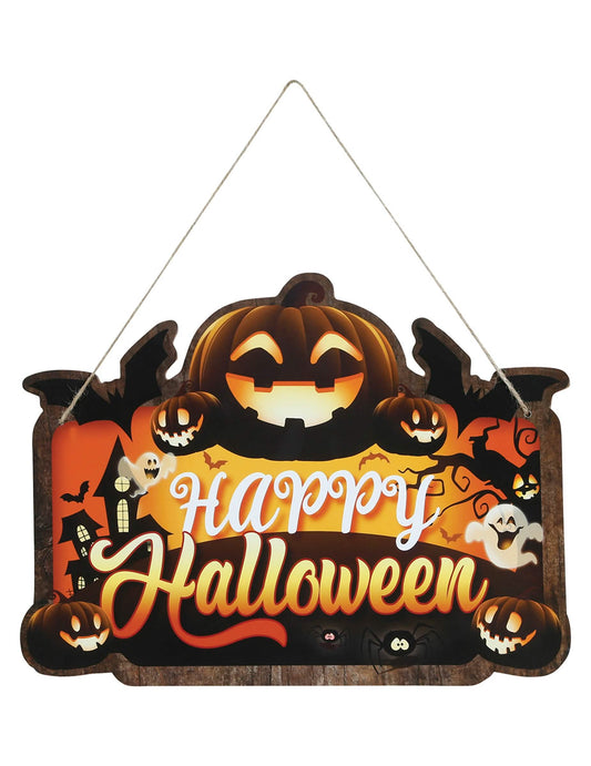 Vue de face avec cordelette de suspension de la pancarte en bois Happy Halloween citrouille