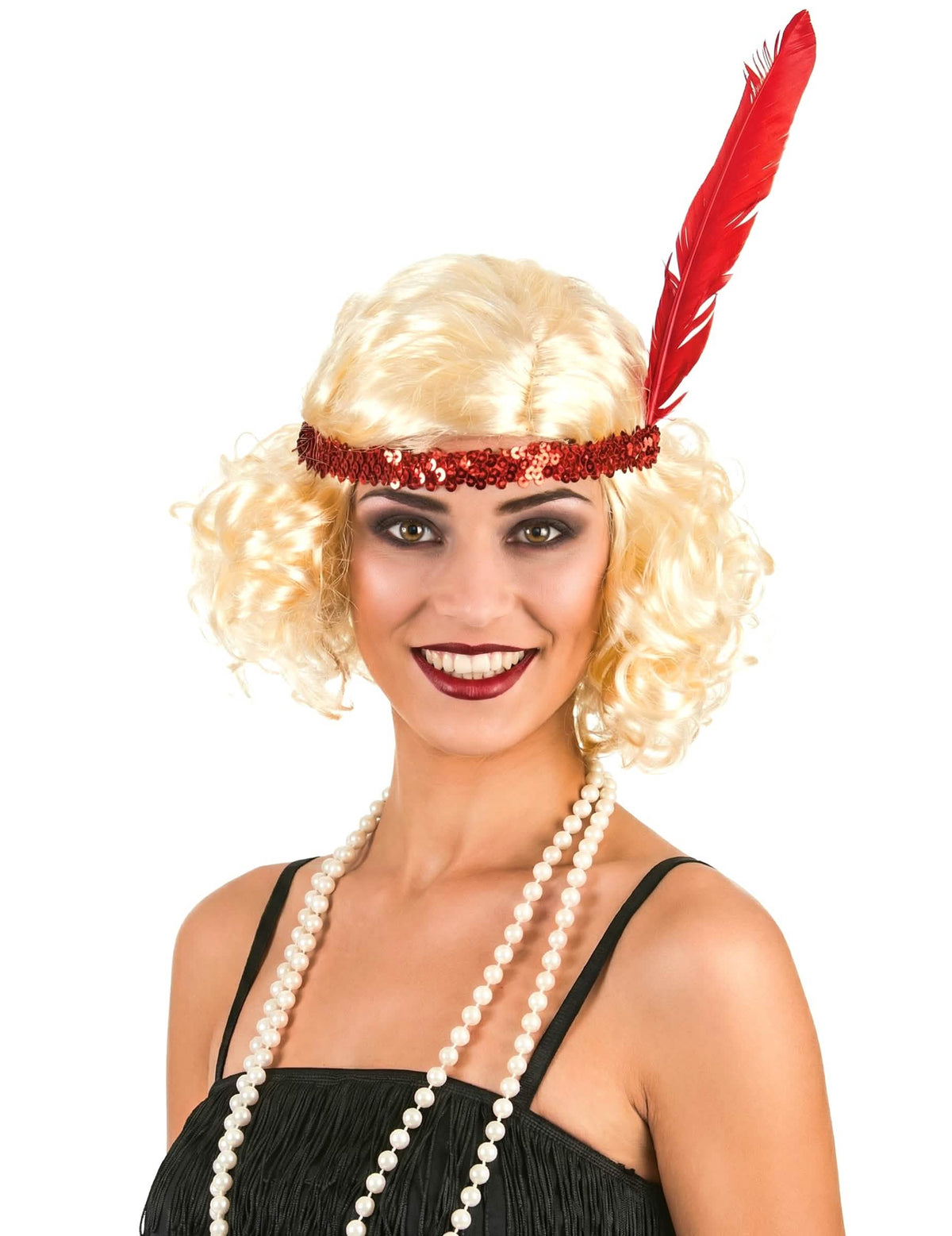 Peluca charlestón para mujer rubia con cinta para la cabeza con lentejuelas y pluma rojo