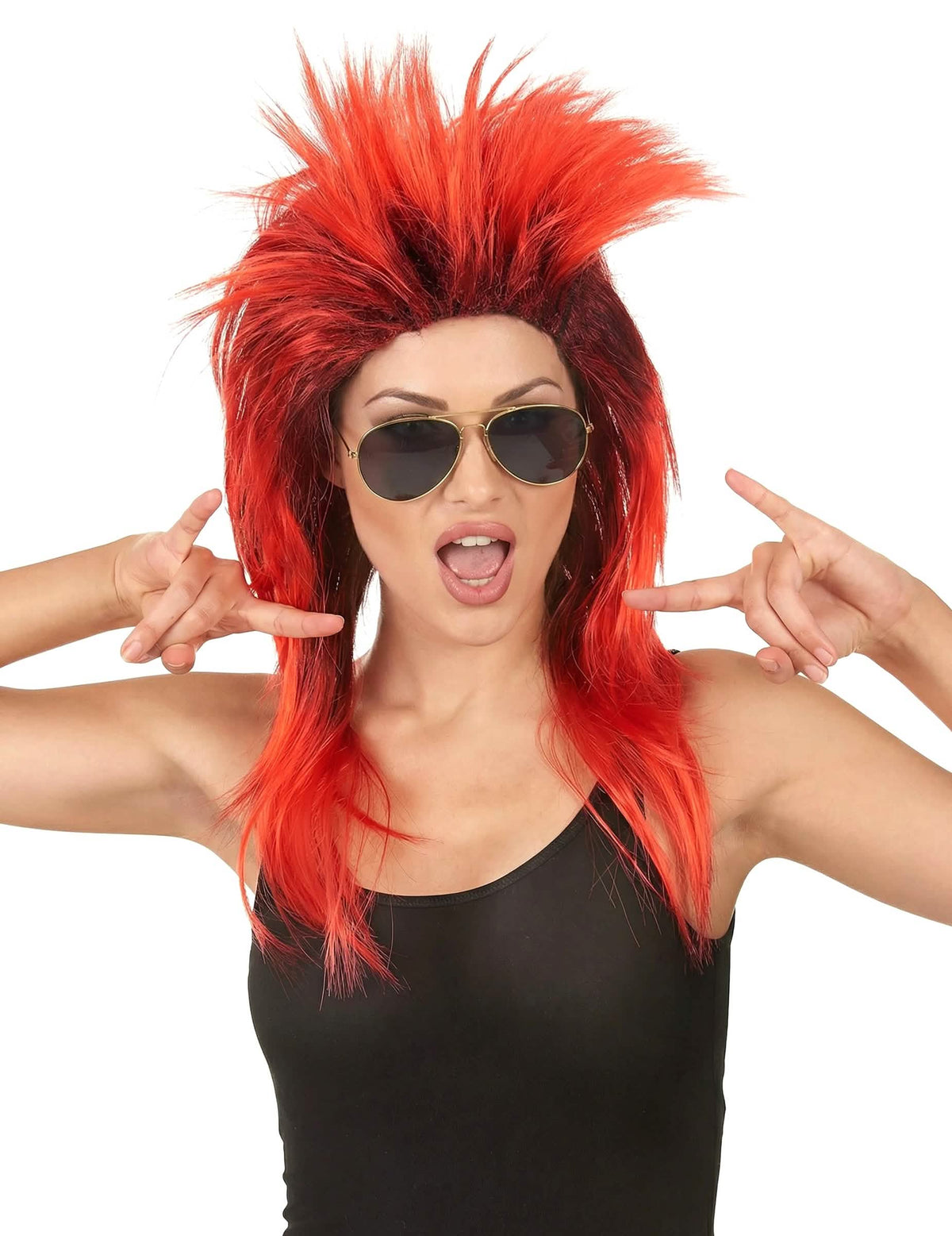 Peluca de cantante de rock para mujer roja y negra