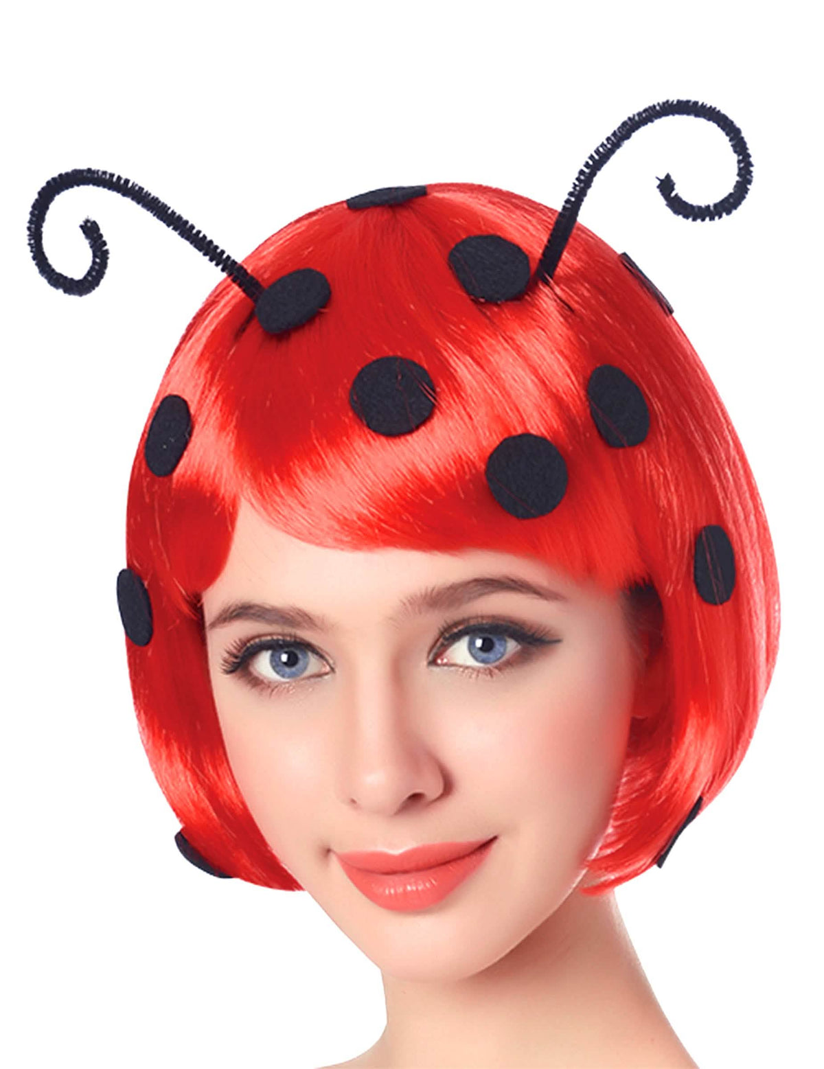 Peluca mariquita para mujer rojo con lunares negros con antenas
