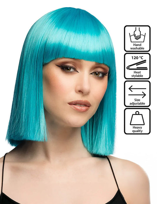 Peluca de corte bob azul turquesa de lujo para mujer