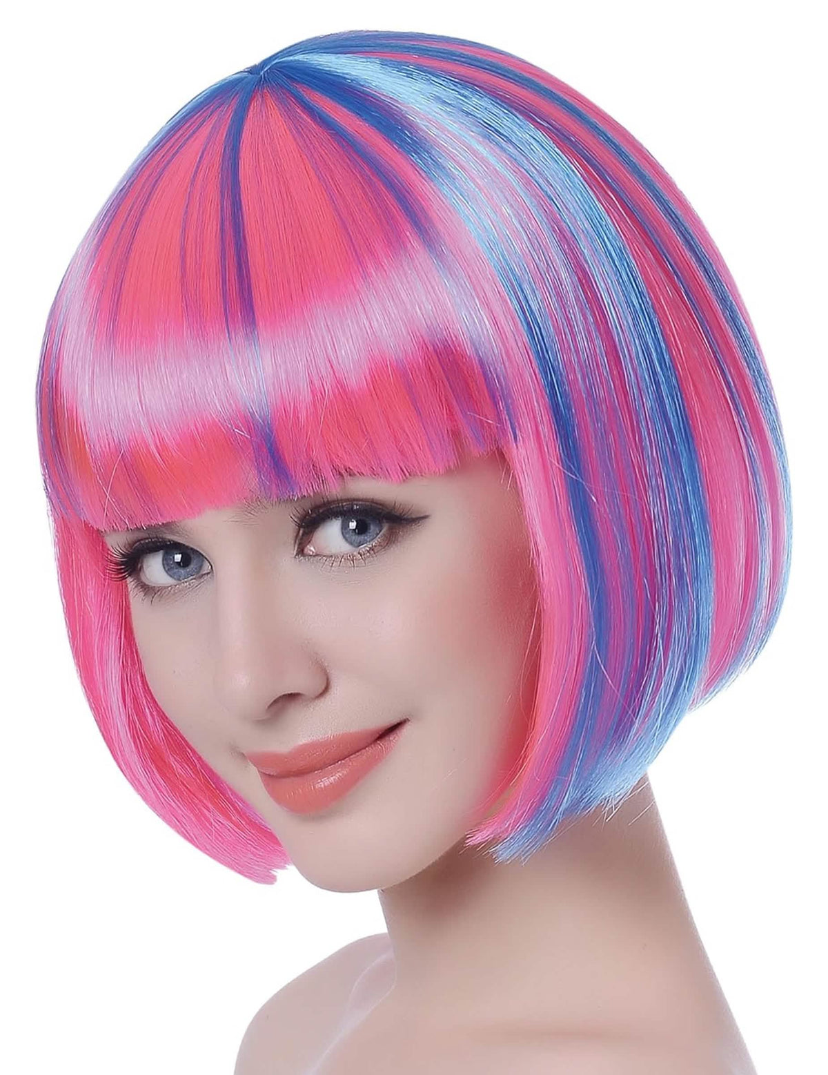 Peluca corta multicolor para mujer rosa y azul con flequillo
