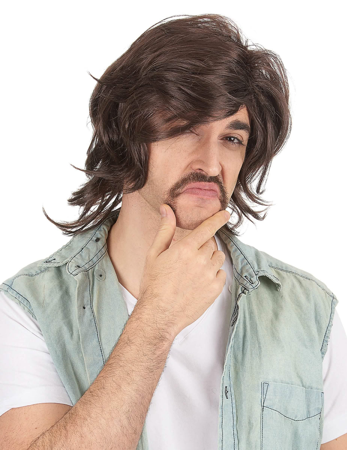 Peluca de galán de los años 70 para hombre castaño oscuro