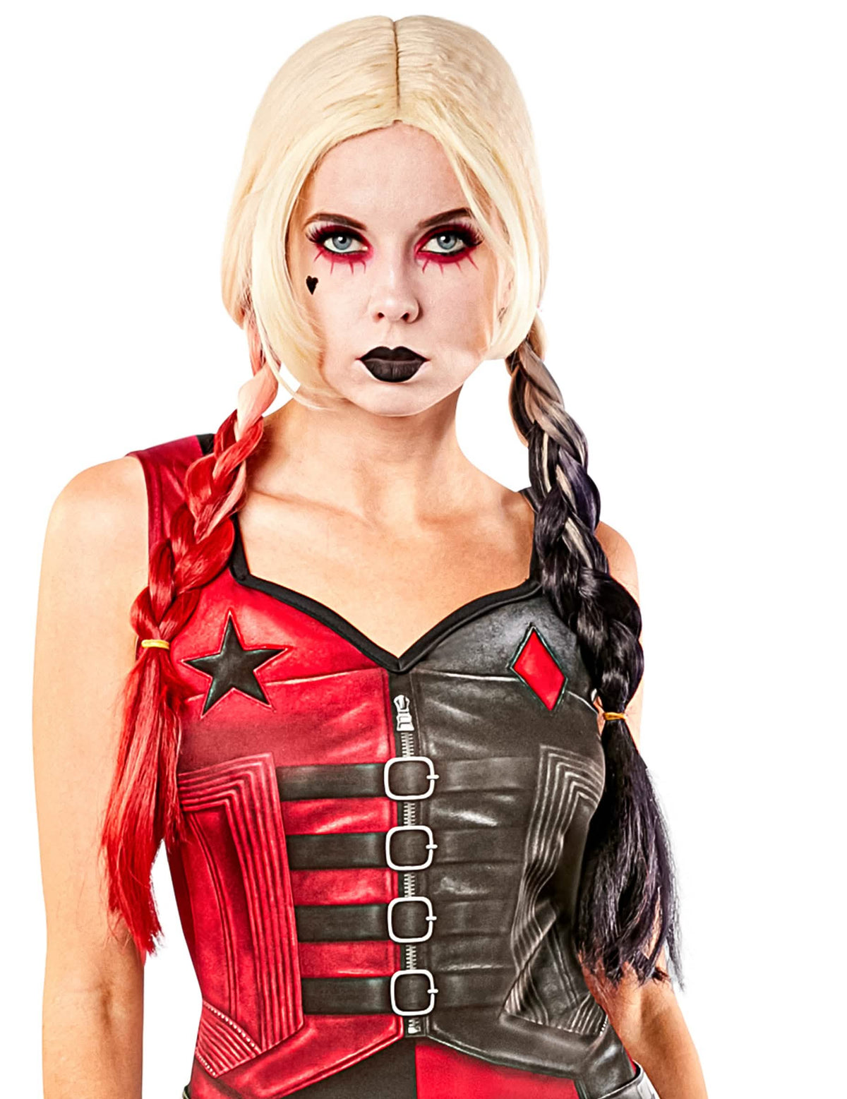 Peluca Harley Quinn Escuadrón Suicida 2 para mujer rubia con trenzas rojo y negro