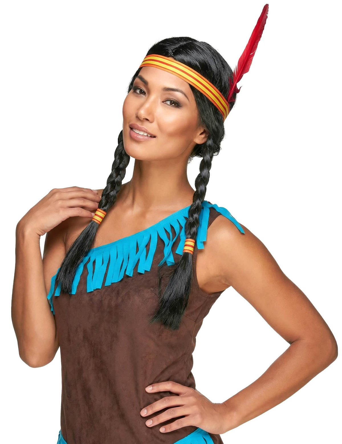 Peluca india con pluma para mujer negra con trenzas, con cinta rayada y pluma roja