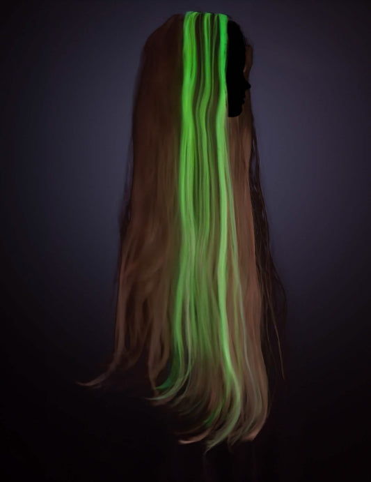 Rendu lumineux vert dans le noir de la perruque phosphorescente princesse Raiponce™