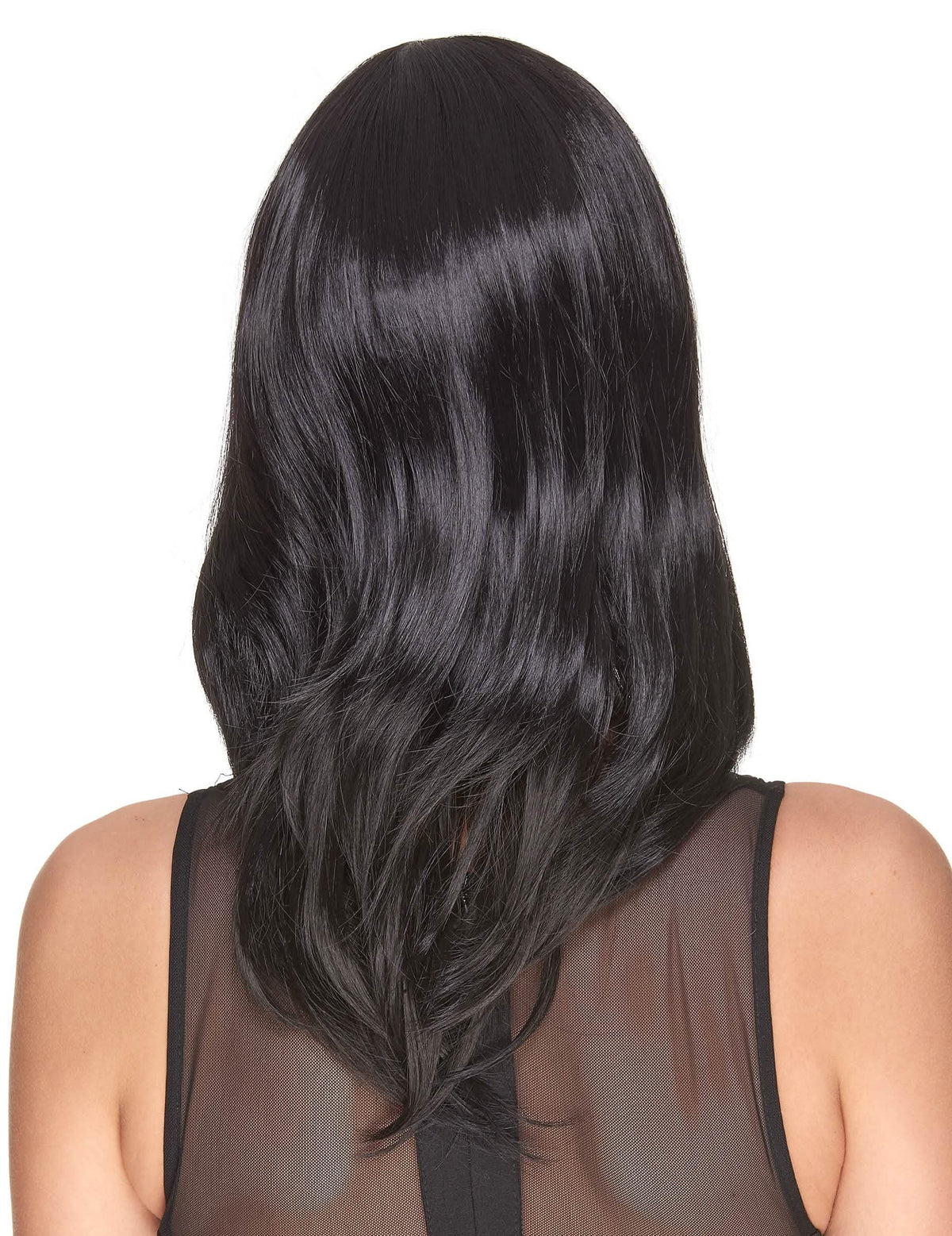 Vista trasera de la peluca de lujo negra de media longitud para mujer