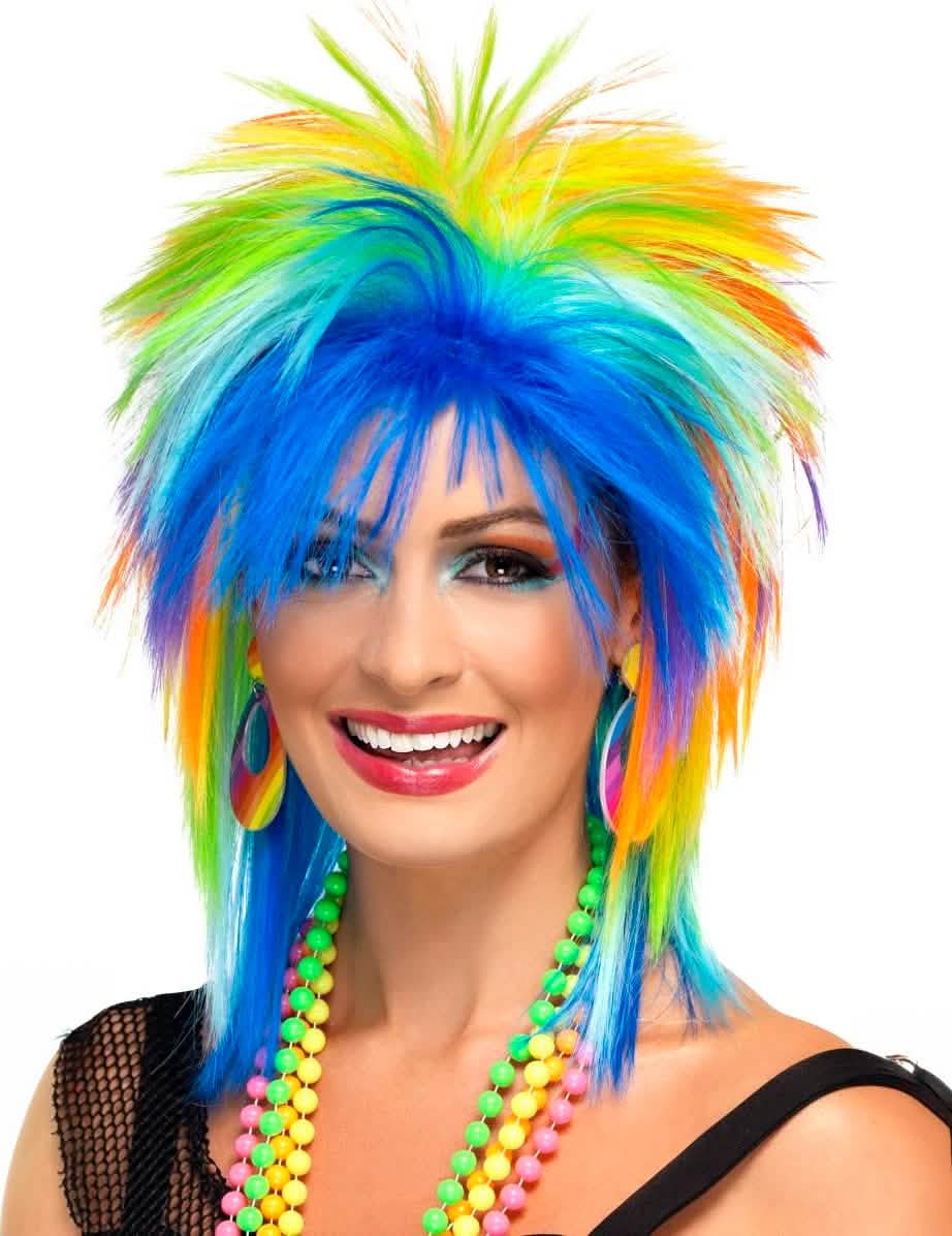Peluca de los años 80 para mujer multicolor con corte erizado