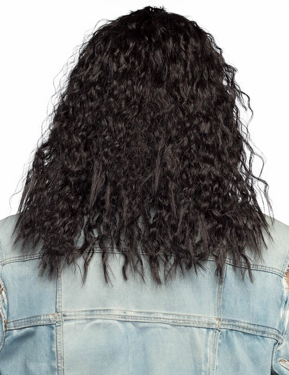 Vista trasera de la peluca para hombre negra, larga y rizada