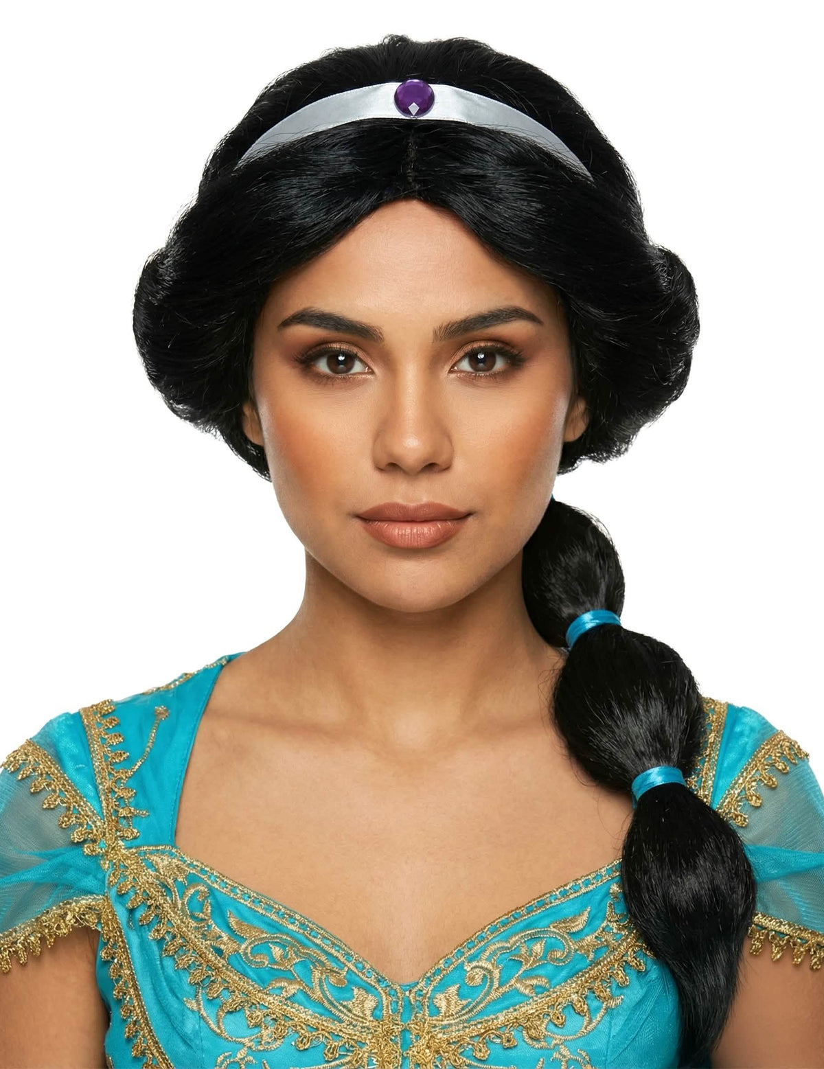 Perruque princesse orientale pour femme noire avec bandeau et bijou violet