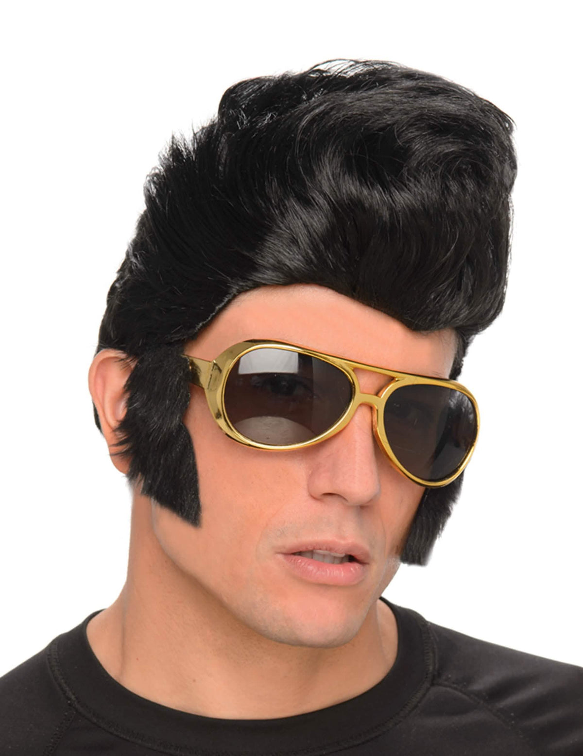 Peluca de rockero para hombre negra con gafas doradas y patillas