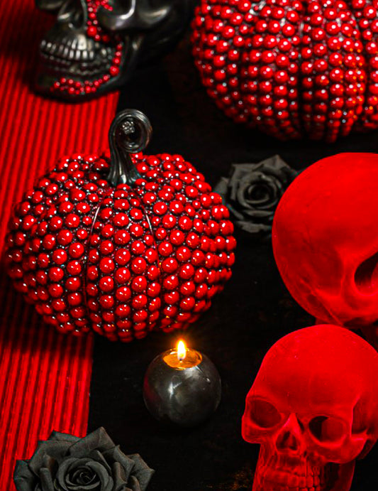 Calabaza decorativa pequeña de resina con cuentas rojo sangre 19 cm