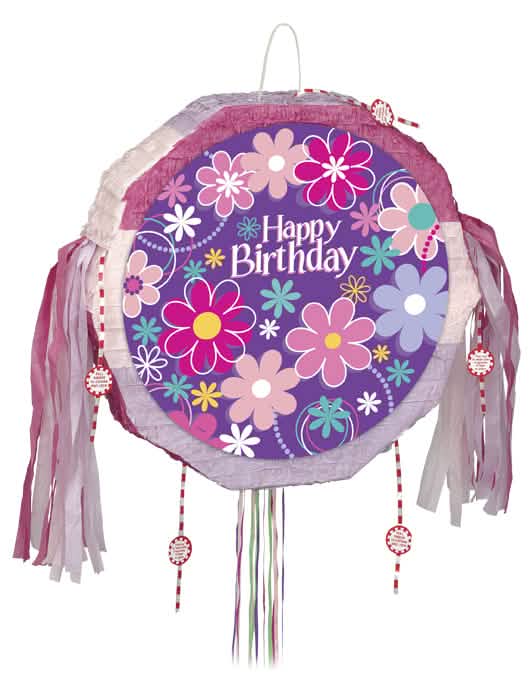 Piñata Happy Birthday flores para cumpleaños violeta y rosa con cintas