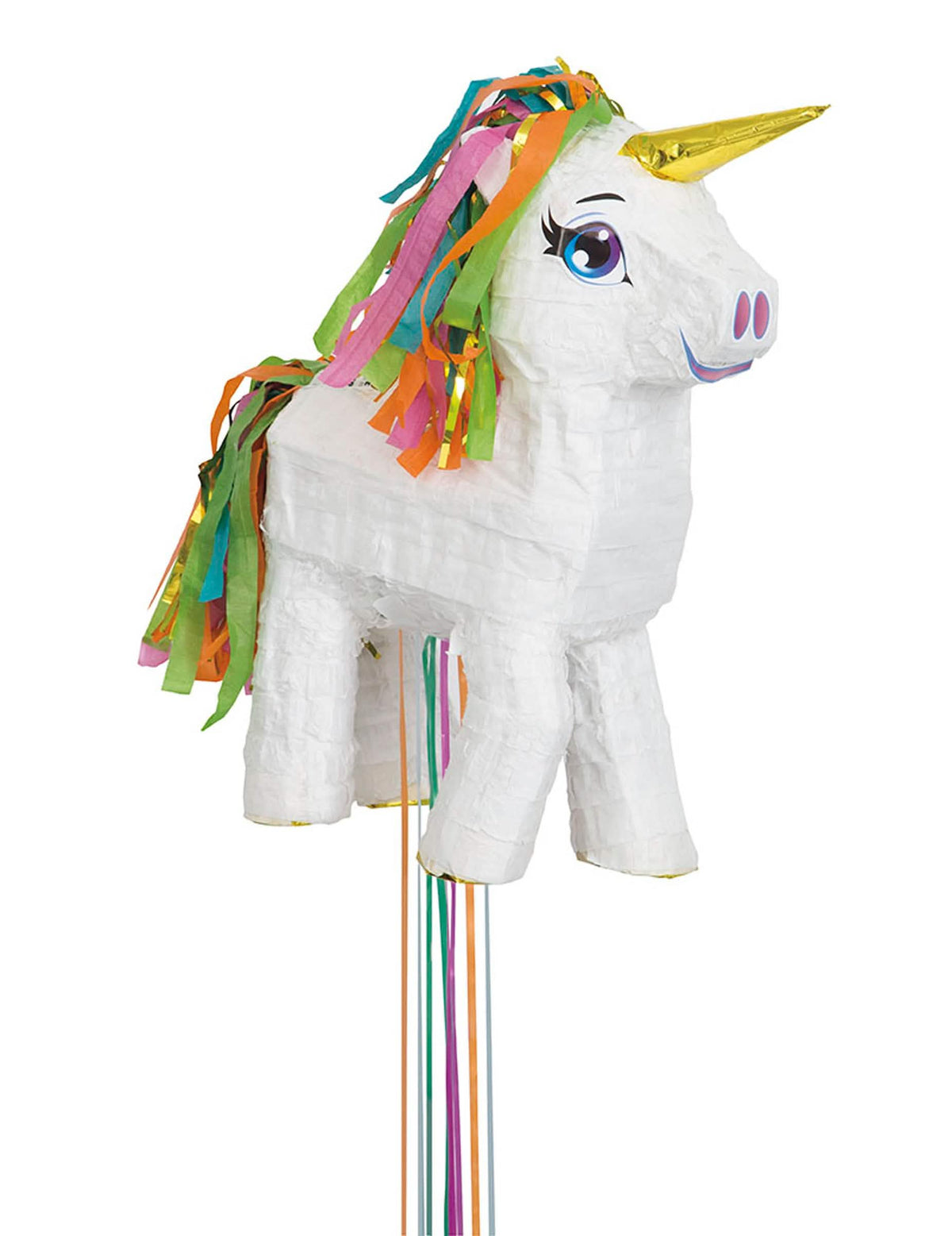 Piñata unicornio para niño blanca con crin multicolor y cuerno dorado