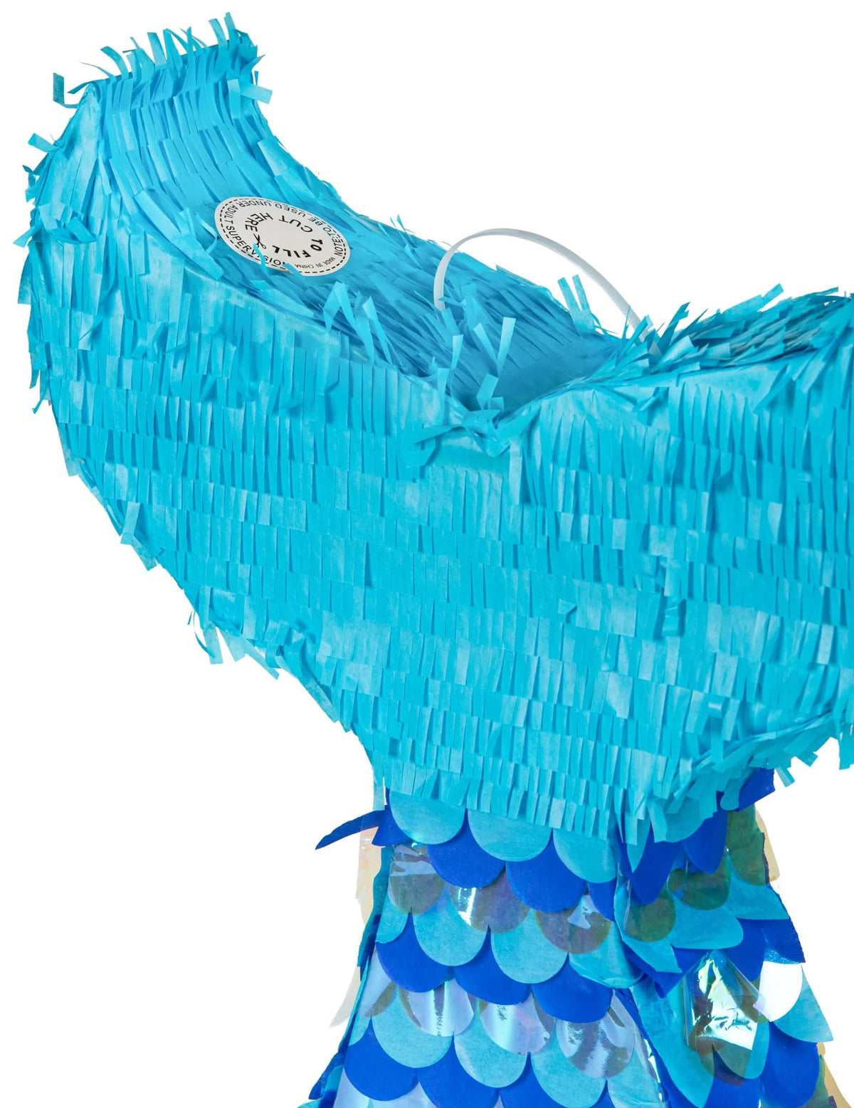 Detalle del sistema de llenado y del asa de la piñata cola de sirenas