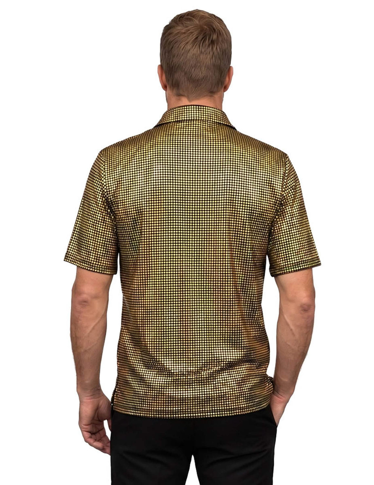 Polo disco de lentejuelas doradas de lujo para hombre