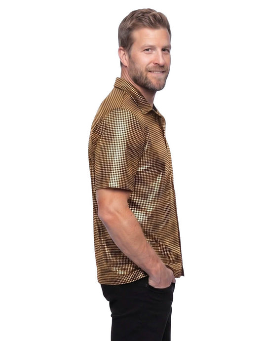 Polo disco de lentejuelas doradas de lujo para hombre