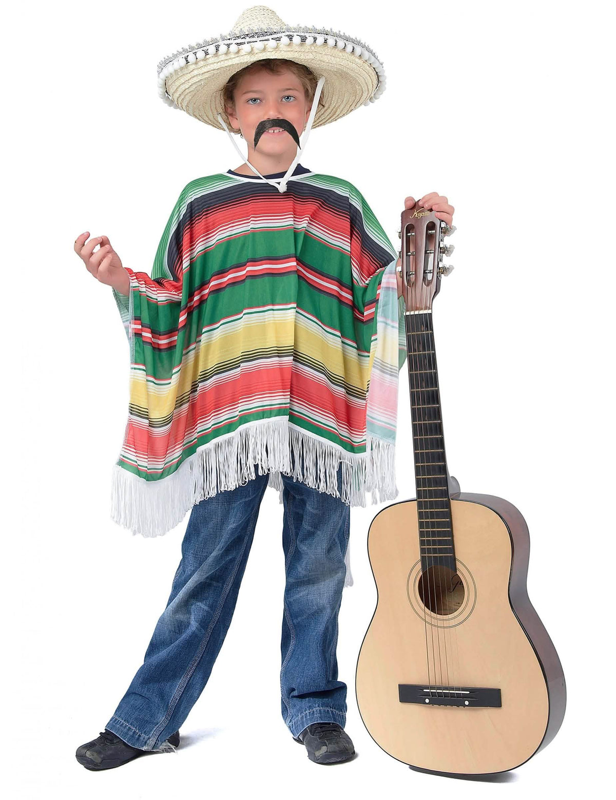 Poncho mexicano para niño multicolor a rayas con flecos blancos