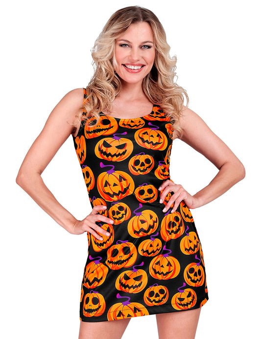 Disfraz de vestido negro con calabazas para mujer