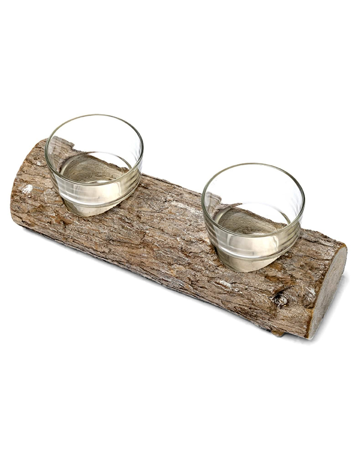 Bougeoir rondin de bois pour décoration de fête marron avec deux verres