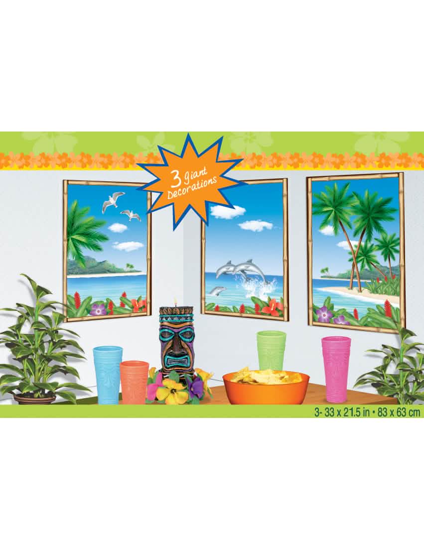 Decoraciones murales de isla paradisíaca para fiesta con palmeras y delfines