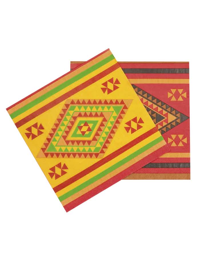 servilletas de papel mexicanas multicolores con motivos geométricos amarillos, rojos y verdes