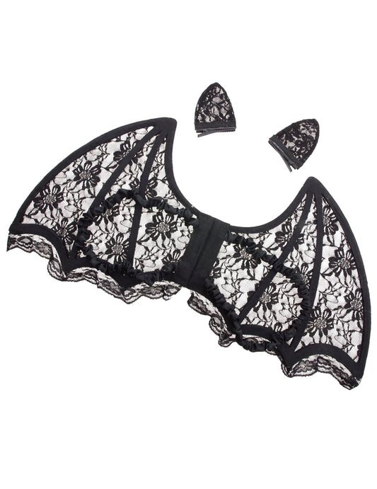 Détail de la dentelle du set ailes et oreilles de chauve-souris