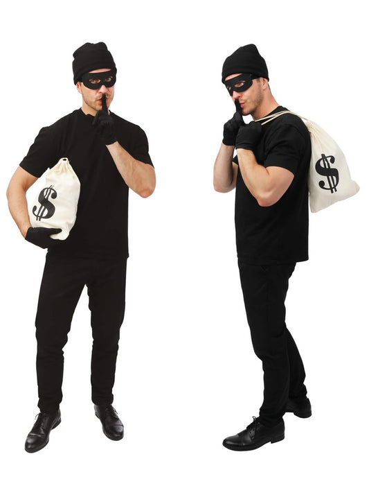 Vues de face et de profil du set de déguisement cambrioleur pour adulte