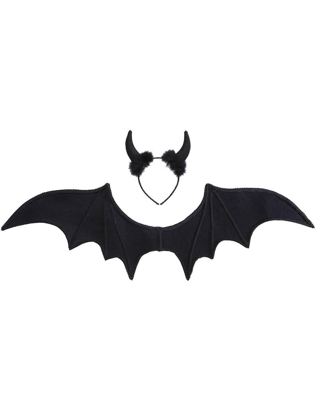 Vista de las alas y de la diadema del set de demonio halloween para mujer