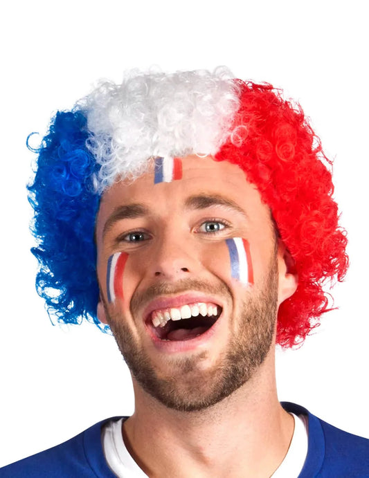 Primer plano de la peluca rizada tricolor del set de aficionados francia