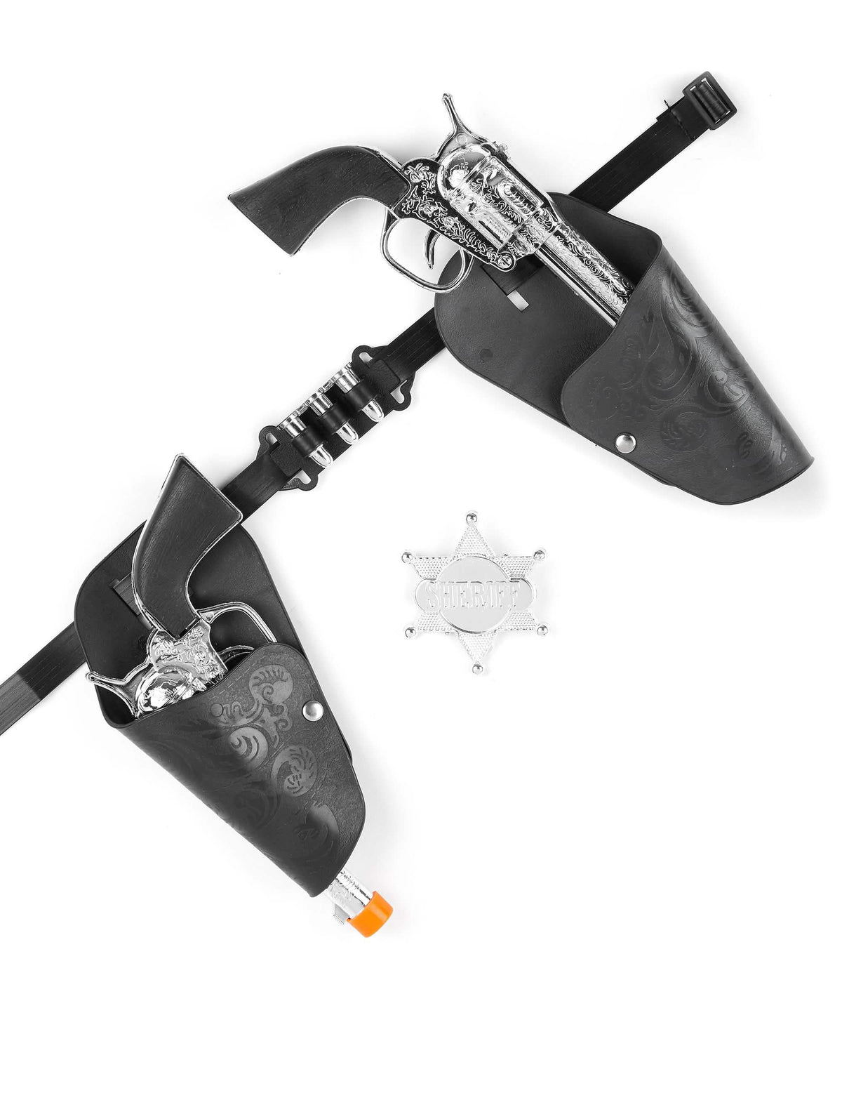 Set de revólveres cowboy para niño negro y plateado con cinturón y estrella de sheriff