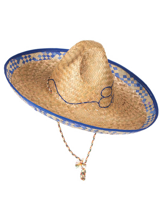 Sombrero mexicain pour adulte en paille avec bordure bleue