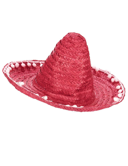 Vista de perfil del sombrero para adulto rojo con borde de pompones blancos