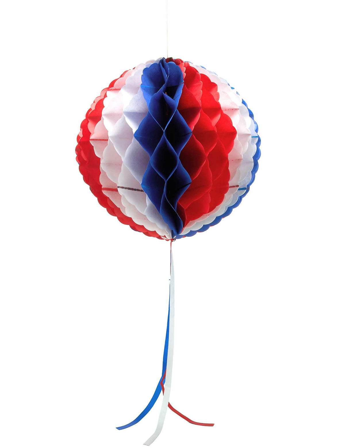 Suspension boule alvéolée tricolore pour fête bleu blanc rouge avec rubans