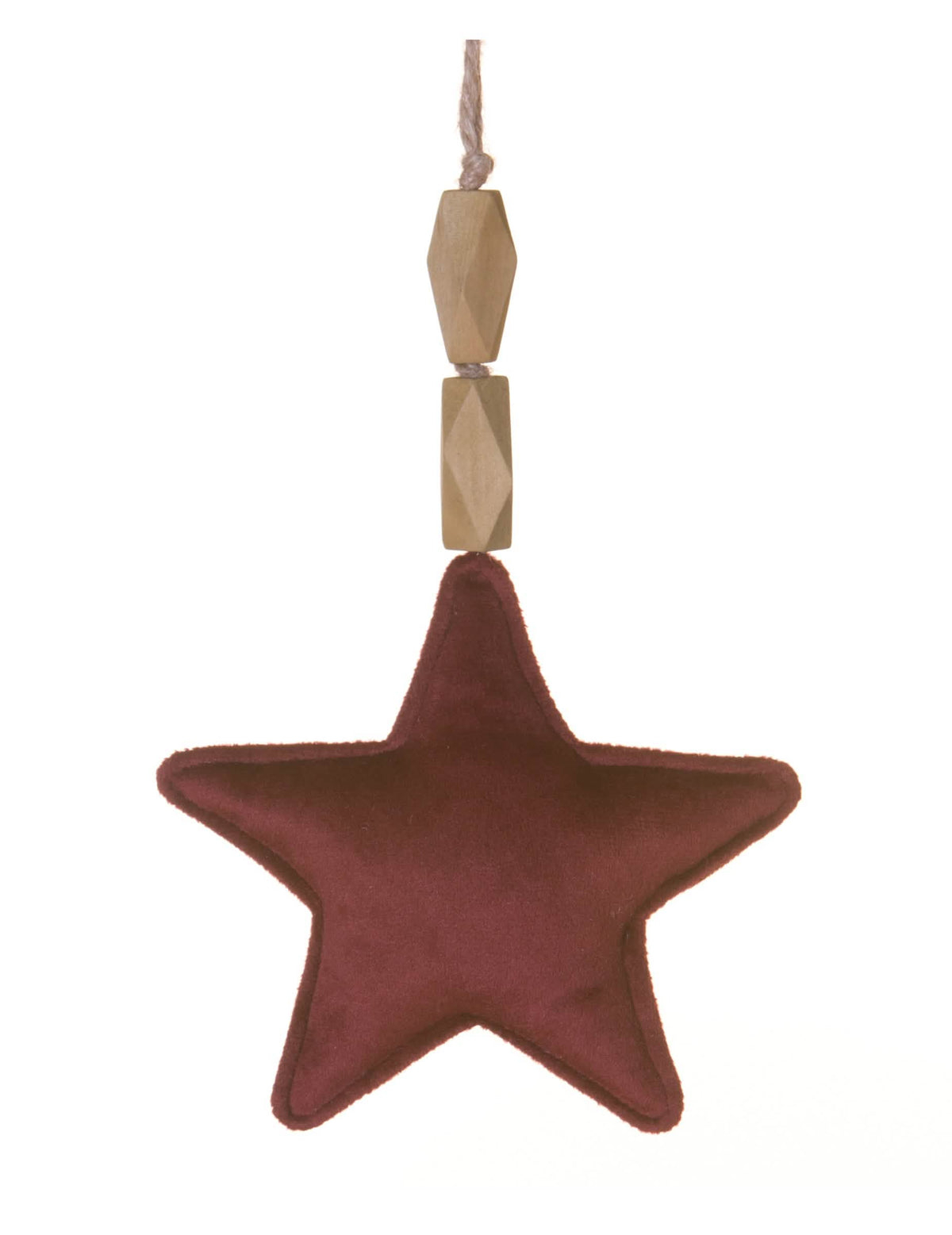 Suspensión estrella para árbol de Navidad burdeos en terciopelo con perlas de madera