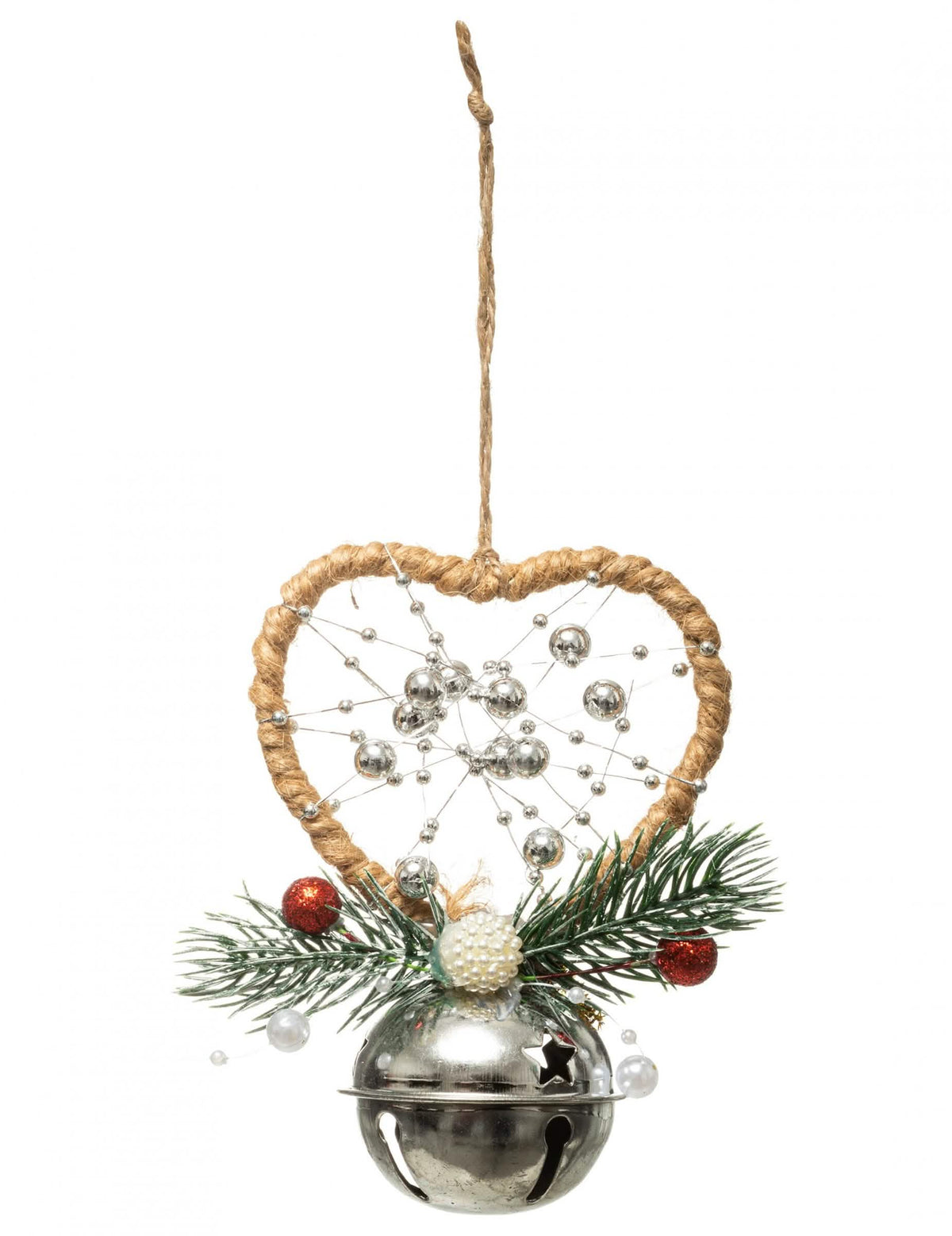 Colgante corazón y cascabel naturaleza para decoración en cuerda y metal plateado