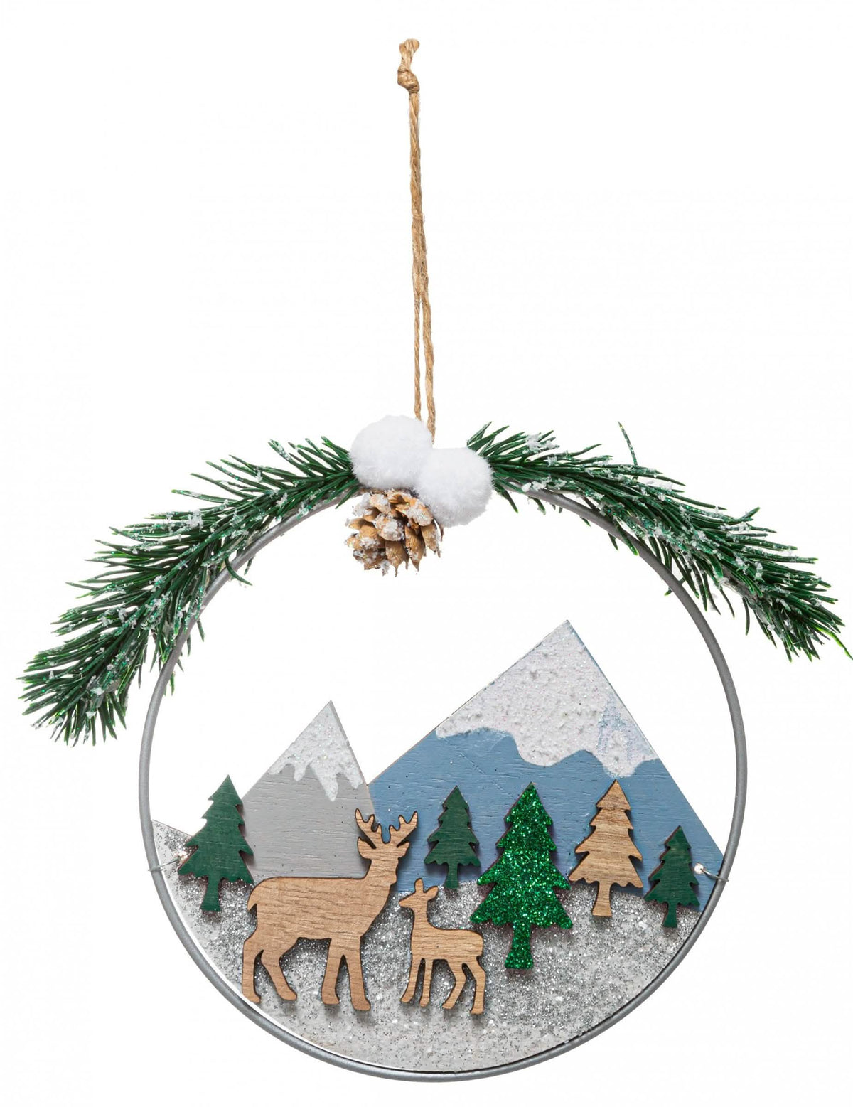 Colgante corona paisaje navideño natural de madera con ciervo y abetos