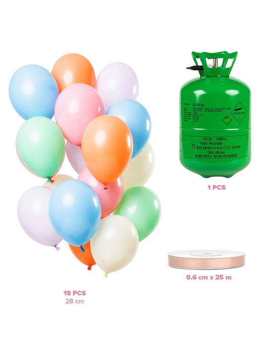Kit de cilindro de helio con 15 globos pastel y cinta de raso