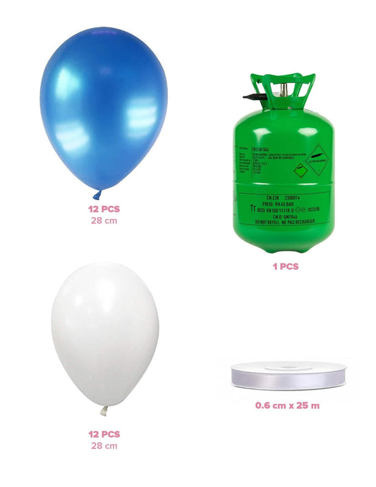 Kit de cilindro de helio con 12 globos blancos 12 globos azules y cinta
