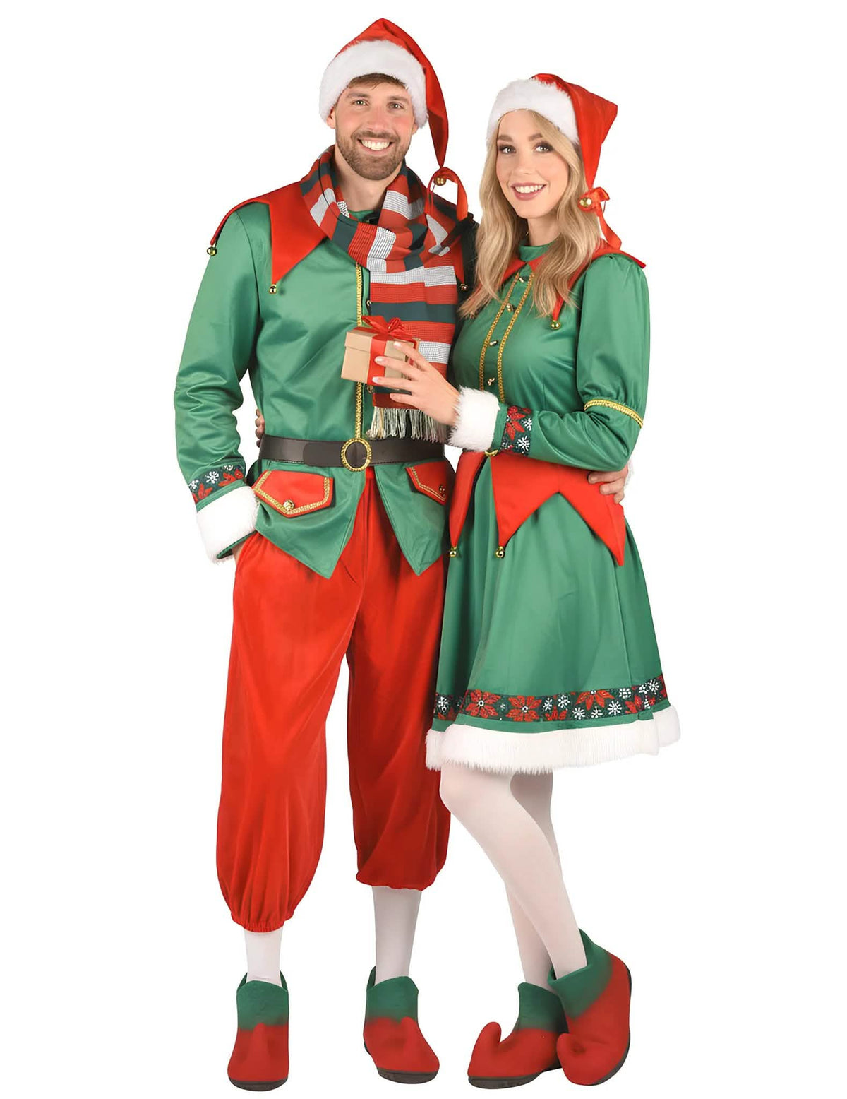 Disfraz de pareja de elfos de Navidad de lujo para adulto