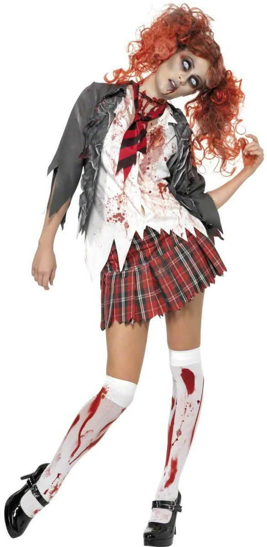 Kit disfraz y accesorio zombie colegiala mujer