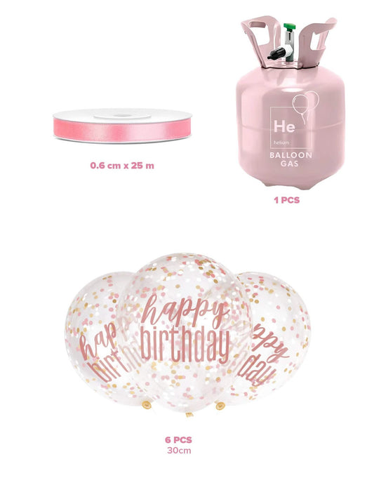 Kit de cilindro de helio con 6 globos transparentes de confeti y cinta de raso