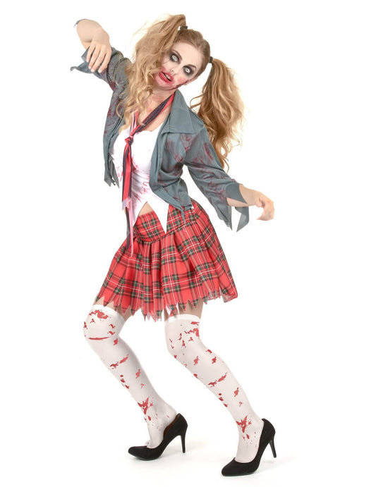 Kit disfraz zombie colegiala con sangre falsa y medias Halloween