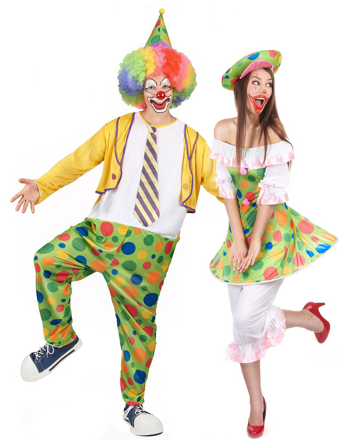 Disfraz de pareja payaso con puntos adulto