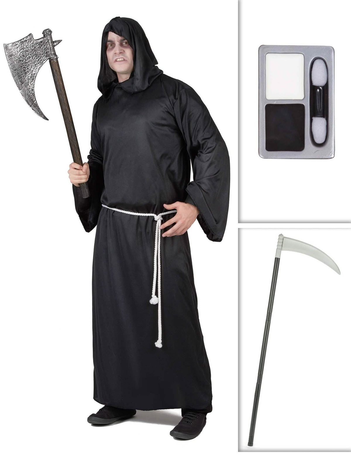 Kit disfraz segador con guadaña y maquillaje Halloween