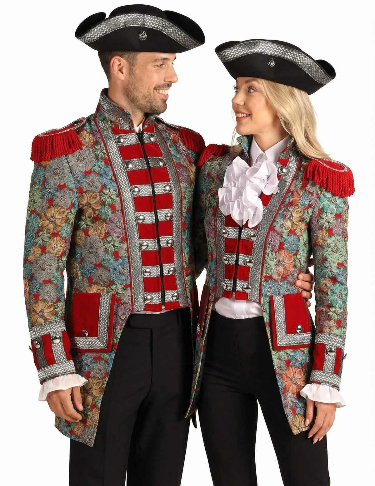 Disfraz de pareja con chaquetas florales de alta gama para adultos