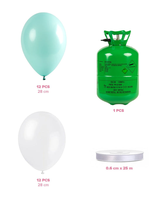 Kit de cilindro de helio con 12 globos de color menta 12 globos blancos y cinta